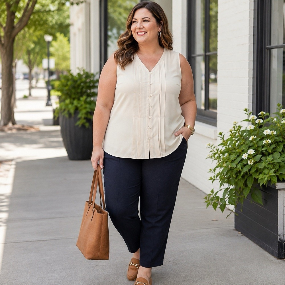 AVENUE Pleated Sleeveless Blouse Plus 18/20 Ivory Loop Button Front Top Shirt